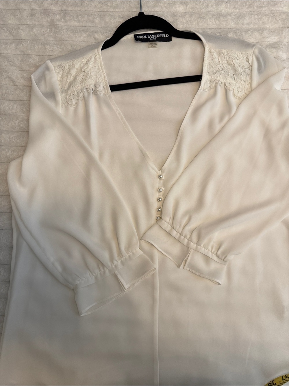 Karl Lagerfeld Ivory V-Neck Lace-Shoulder Blouse - Picture 9 of 9